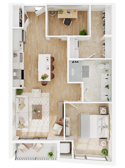 Floor plan for 1 bed, 1 bath, 870 sqft